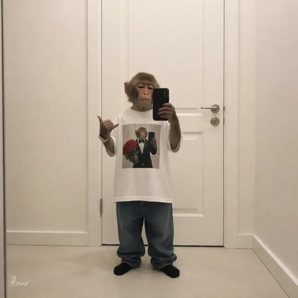 Hakes monkey taking a mirror selfie wearing a Hakes graphic T-shirt